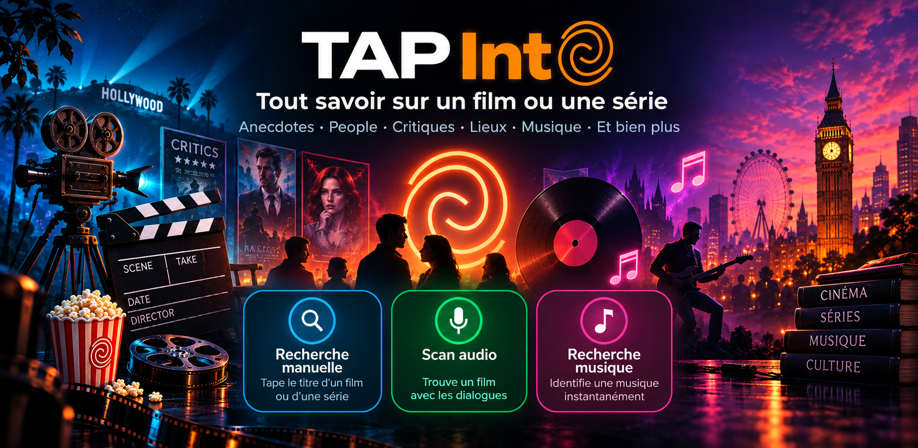 TAP Into : films, séries, musique, recherche manuelle et scan audio
